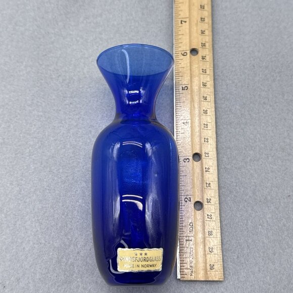 Randsfjord Glass Cobalt Blue Vase Mini 5.25" Made In Norway Original Sticker - Picture 6 of 7